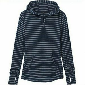 Prana Sol Protect Navy Blue White Striped Hooded Shirt Sz XL